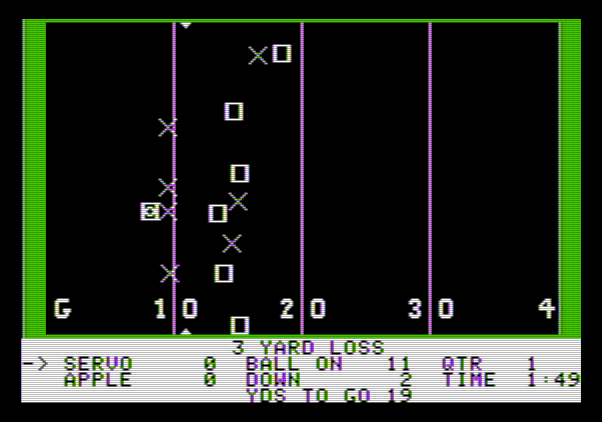 Hi-Res Football Apple II Screenshot: A 3 yard loss...