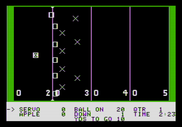Hi-Res Football Apple II Screenshot: A play in progress...