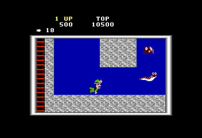 Super Pitfall TRS-80 Color Computer Screenshot: Swimming through a tunnel...