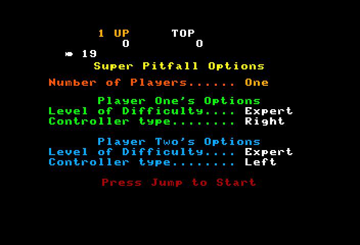 Super Pitfall TRS-80 Color Computer Screenshot: Game options.