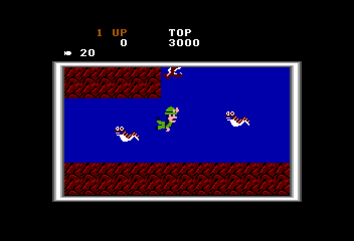 Super Pitfall TRS-80 Color Computer Screenshot: Eels and other creatures get in the way when swimming.