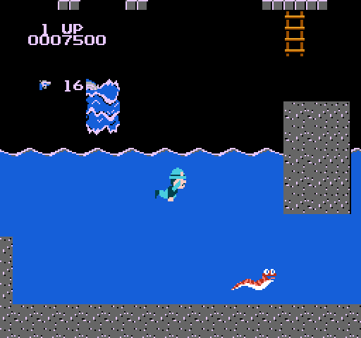 Super Pitfall NES / Famicom Screenshot: Finally reached the bottom of the waterfall, but now I'm lost...