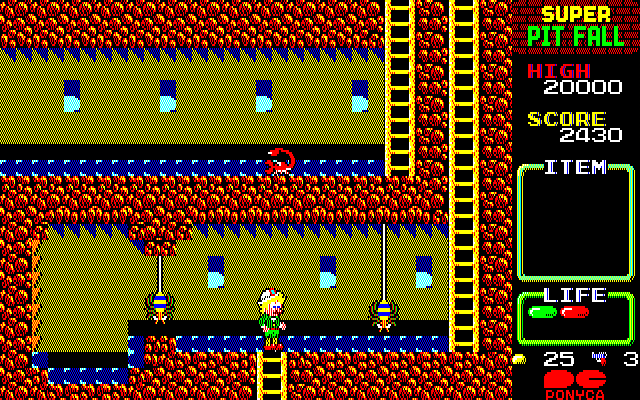 Super Pitfall PC-8800 Series Screenshot: Giant spiders block the path...