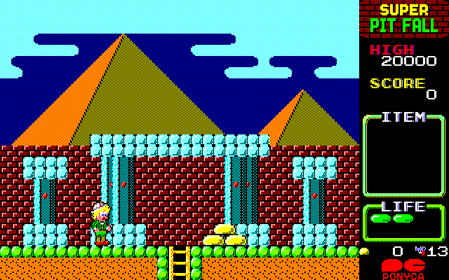 Super Pitfall PC-8800 Series Screenshot: Some treasures! And, a ladder!