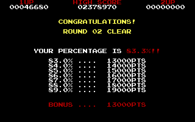 Volfied IBM PC/Compatibles Screenshot: Round clear bonus points.