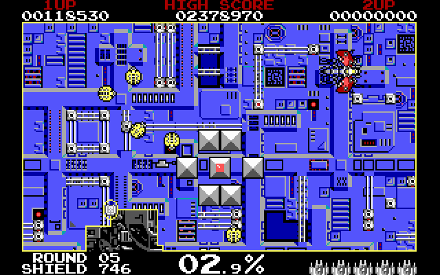 Volfied IBM PC/Compatibles Screenshot: Each round features different enemies and a different background.