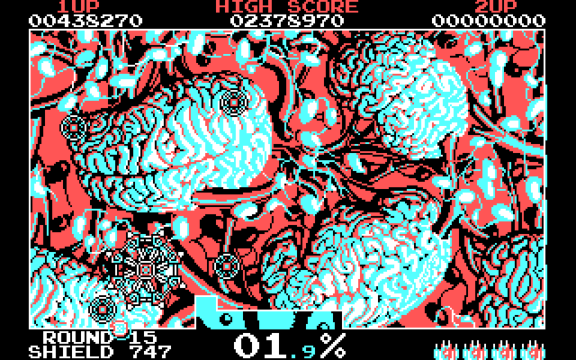 Volfied IBM PC/Compatibles Screenshot: Start of Round 15 with a giant brain theme.