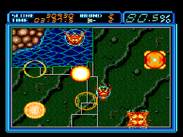 Volfied Sega Genesis / Mega Drive Screenshot: Fireworks of sorts indicate the level is completed!