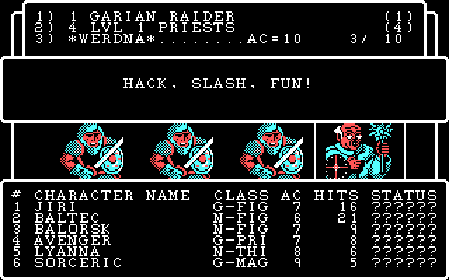 Wizardry: The Return of Werdna - The Fourth Scenario IBM PC/Compatibles Screenshot: A group of heroes attackes me; Hack, slash, fun!