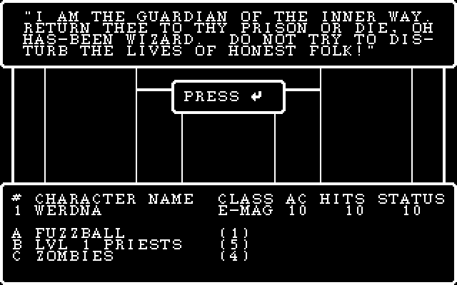 Wizardry: The Return of Werdna - The Fourth Scenario IBM PC/Compatibles Screenshot: The guardian of the inner way warns you...
