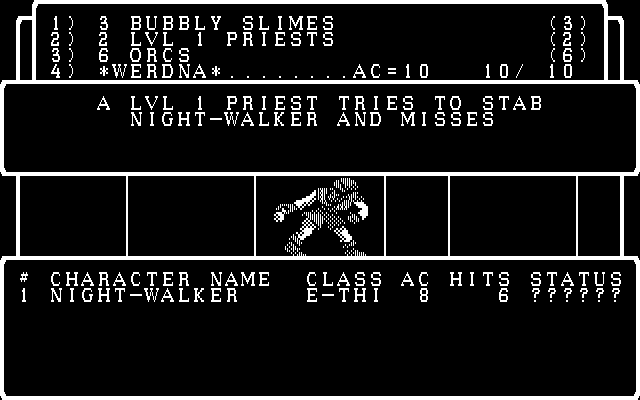 Wizardry: The Return of Werdna - The Fourth Scenario IBM PC/Compatibles Screenshot: A lvl 1 priest attacks...