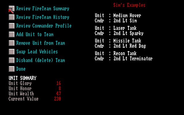 FireTeam 2200 Amiga Screenshot: You can manage an existing fireteam, or create a new one.