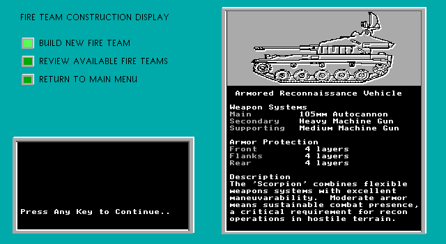 FireTeam 2200 IBM PC/Compatibles Screenshot: Viewing information on a vehicle...