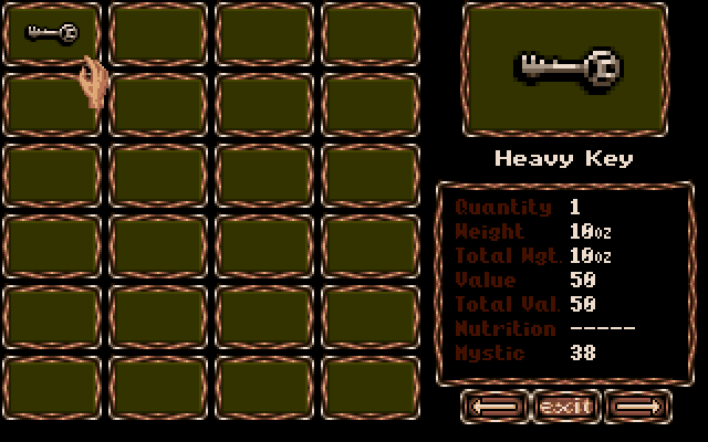 Obitus Amiga Screenshot: Inventory; so far, all I have is a key.