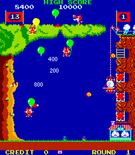 Pooyan Arcade Screenshot: Don't get hit my rocks and other objects the wolves throw at you!