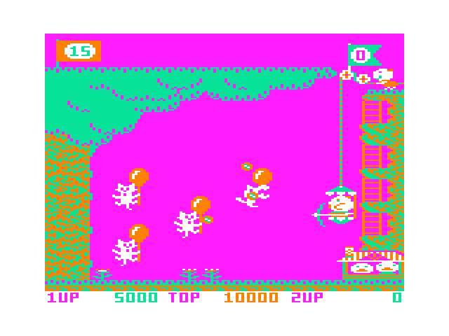 Pooyan TRS-80 Color Computer Screenshot: Shoot the balloons before the wolves reach the ground!