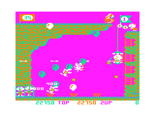 Pooyan TRS-80 Color Computer Screenshot: Don't get hit by objects the wolves throw.