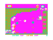 Pooyan for TRS-80 Color Computer - The wolves float up and try to push that large rock over the ledge.