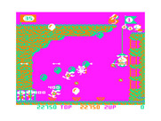 Pooyan for TRS-80 Color Computer - Don't get hit by objects the wolves throw.