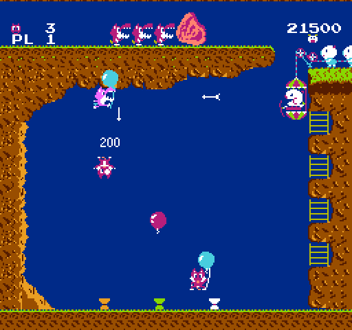 Pooyan NES / Famicom Screenshot: If enough wolves reach the top, they can push the rock and a life is lost...