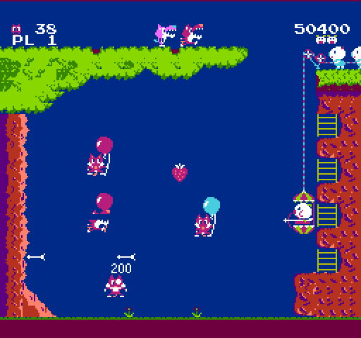 Pooyan NES / Famicom Screenshot: The wolves are faster now and falling fruit gets in the way...