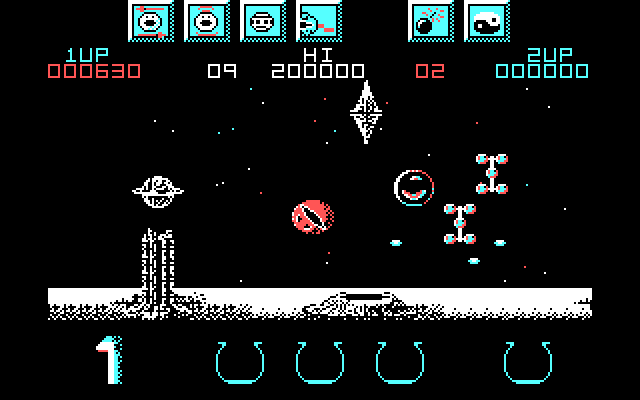 Wizball IBM PC/Compatibles Screenshot: Don't crash into enemies! Shoot them first to turn them into bubbles...