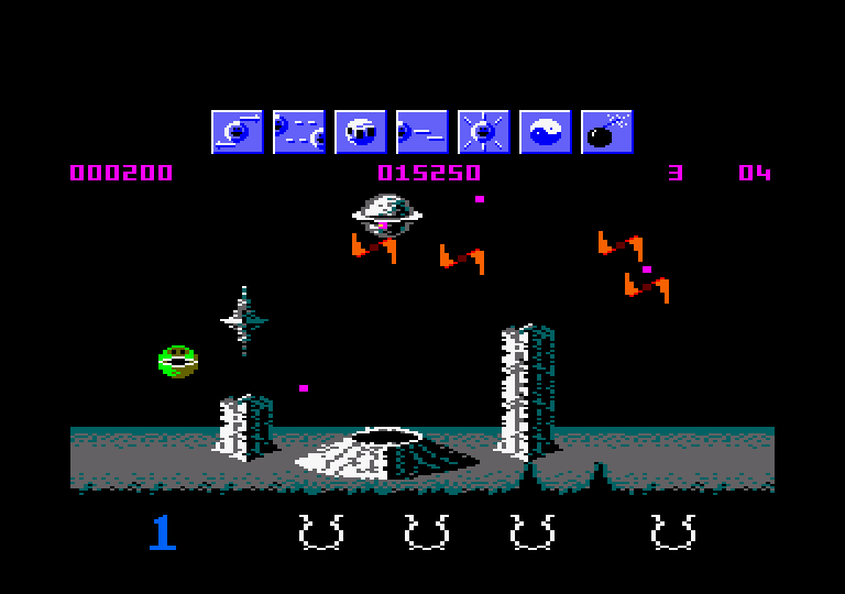 Wizball Amstrad CPC Screenshot: Various aliens appear; shoot them before they get you!