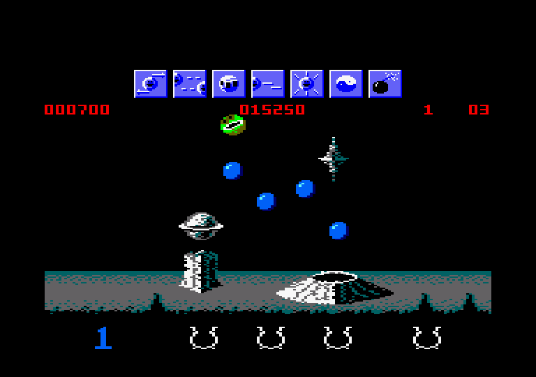 Wizball Amstrad CPC Screenshot: Avoid those blue spheres too; they're deadly.