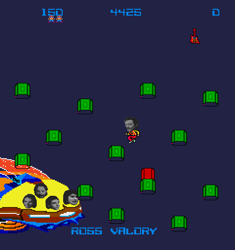 Journey Arcade Screenshot: Ross Valory jumps up towards his bass.