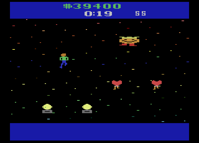 Journey Escape Atari 2600 Screenshot: The mighty manager on the right will temporarily allow players to run through obstacles.