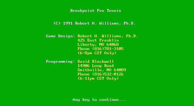 Break Point Pro Tennis IBM PC/Compatibles Screenshot: Credits screen.