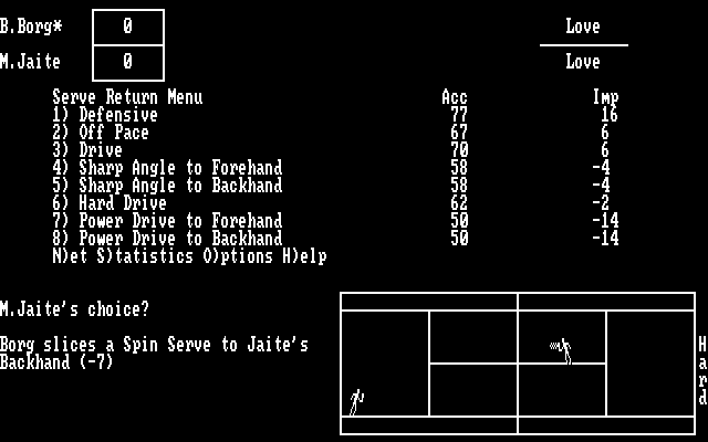 Break Point Pro Tennis IBM PC/Compatibles Screenshot: Here's the serve return menu.