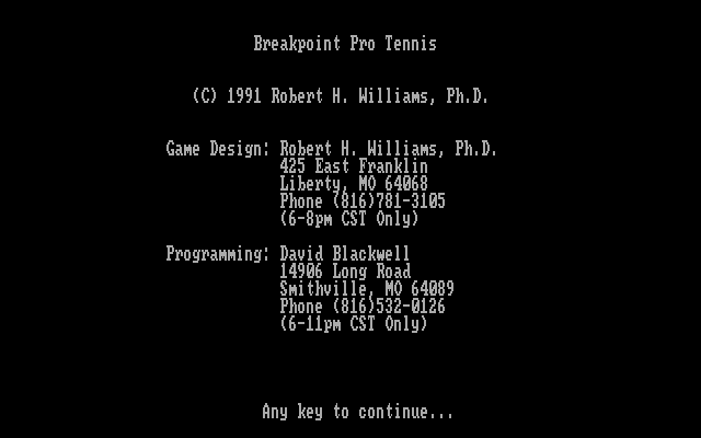 Break Point Pro Tennis IBM PC/Compatibles Screenshot: Copyright and credits screen.