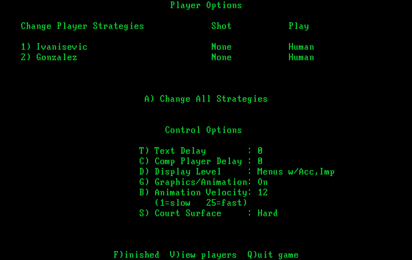 Break Point Pro Tennis IBM PC/Compatibles Screenshot: Game options.