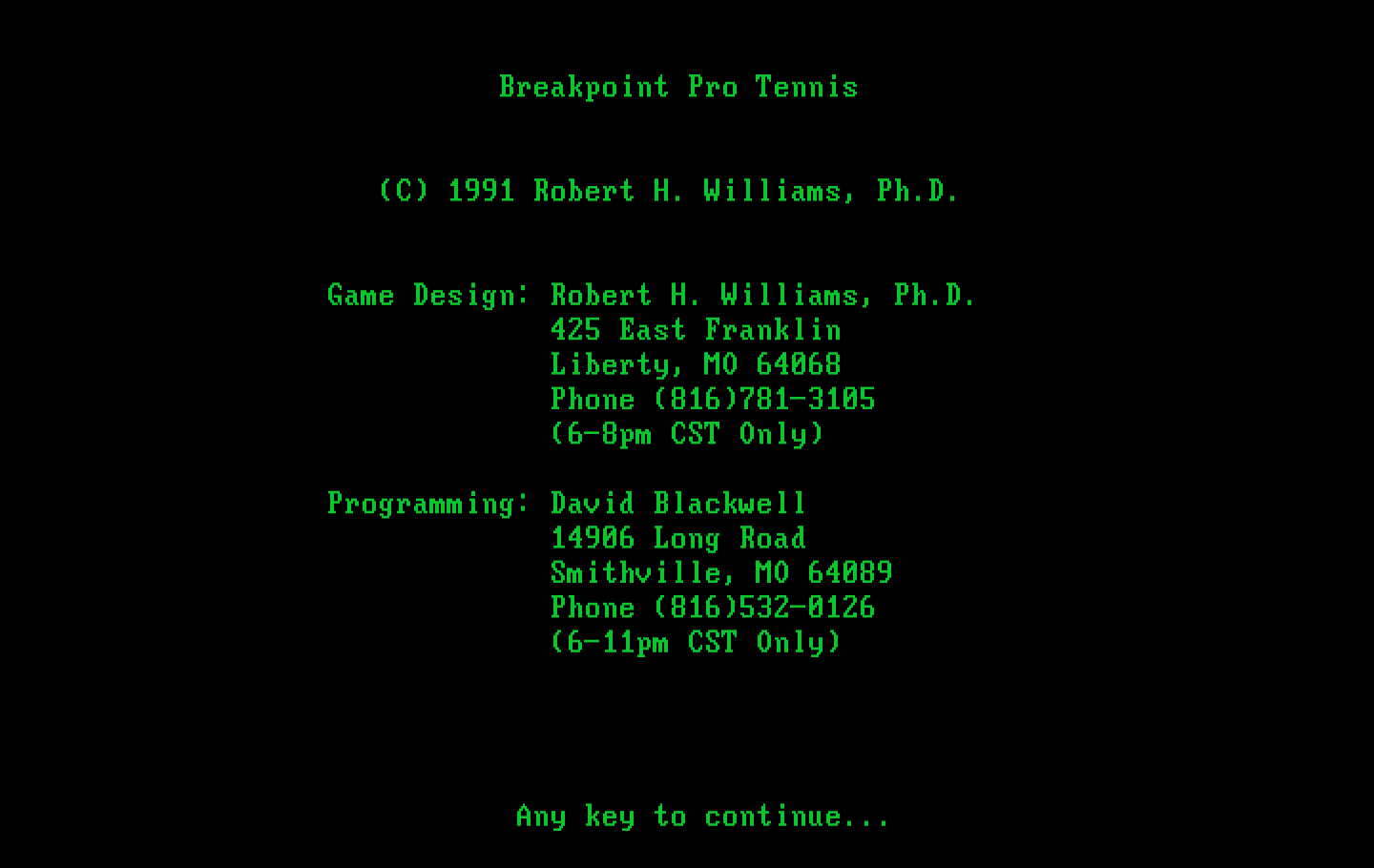 Break Point Pro Tennis IBM PC/Compatibles Screenshot: Copyright and credits screen.