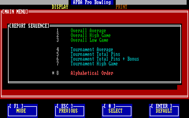 APBA Pro Bowling IBM PC/Compatibles Screenshot: Reporting menu...