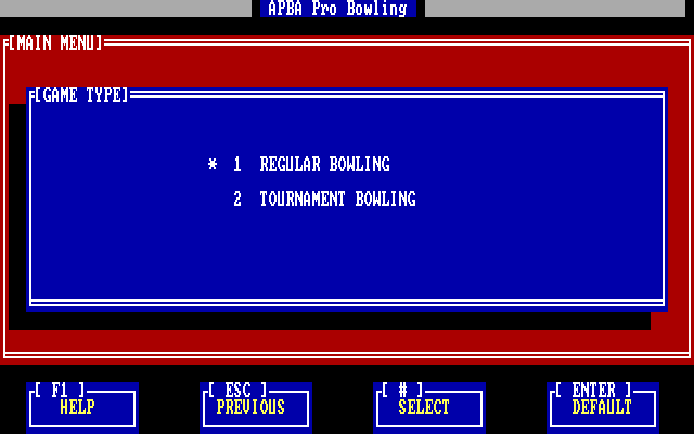 APBA Pro Bowling IBM PC/Compatibles Screenshot: Choose between regular bowling and tournament bowling.