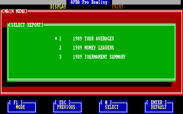 APBA Pro Bowling IBM PC/Compatibles Screenshot: Select a report...