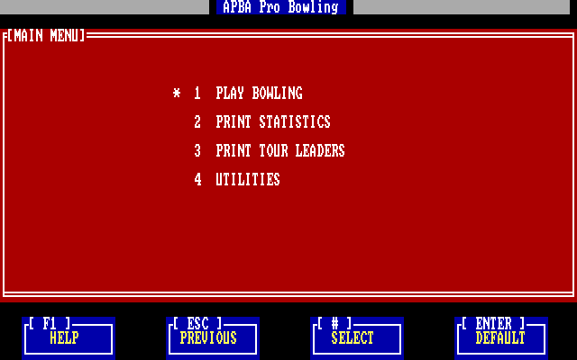 APBA Pro Bowling IBM PC/Compatibles Screenshot: The main menu.