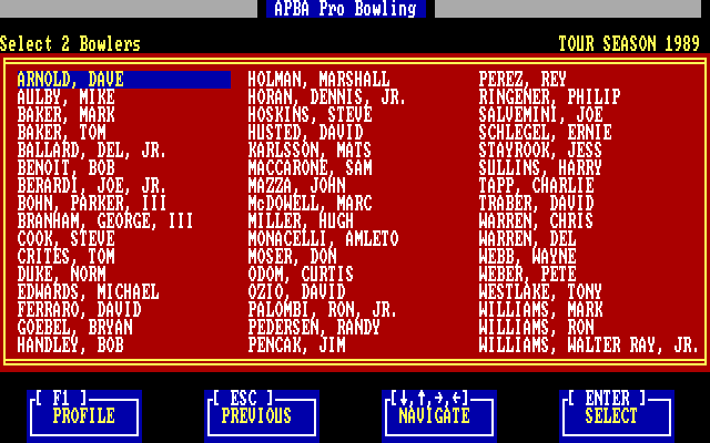 APBA Pro Bowling IBM PC/Compatibles Screenshot: Choose bowlers...