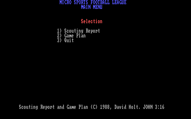 MSFL Pro League Football IBM PC/Compatibles Screenshot: Scouting program main menu.