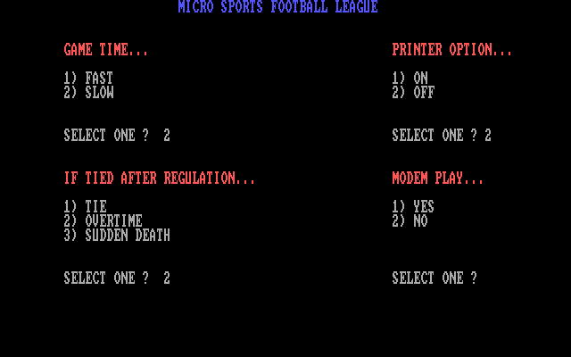 MSFL Pro League Football IBM PC/Compatibles Screenshot: Time to setup a new game.