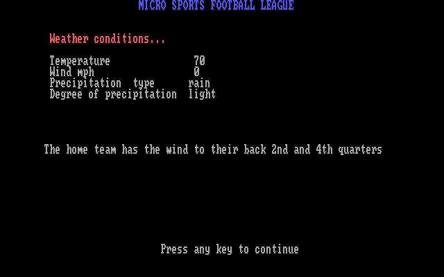 MSFL Pro League Football IBM PC/Compatibles Screenshot: Here's the chosen weather conditions.