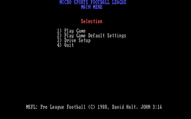MSFL Pro League Football IBM PC/Compatibles Screenshot: The main menu.