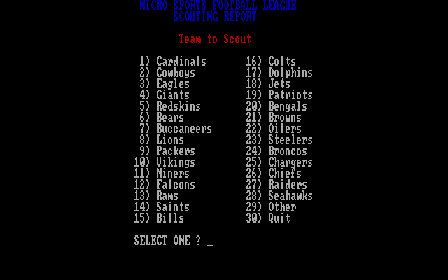 MSFL Pro League Football IBM PC/Compatibles Screenshot: Choose a team to scout...