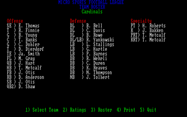 MSFL Pro League Football IBM PC/Compatibles Screenshot: Viewing a team roster.