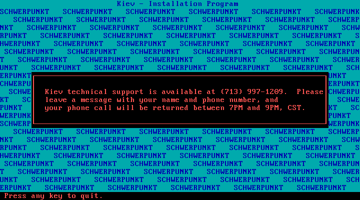 Kiev IBM PC/Compatibles Screenshot: Technical support information.