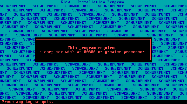 Kiev IBM PC/Compatibles Screenshot: If you don't have at least an 80386 processor you'll see this message.