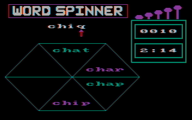 Word Spinner IBM PC/Compatibles Screenshot: Move the arrow left or right to select which letter to change.