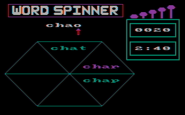 Word Spinner IBM PC/Compatibles Screenshot: You can increase the difficulty by having words with more letters.